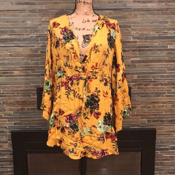 Yellow Floral ¾ Kimono Deep V Tunic BB120 - Picture 3 of 5